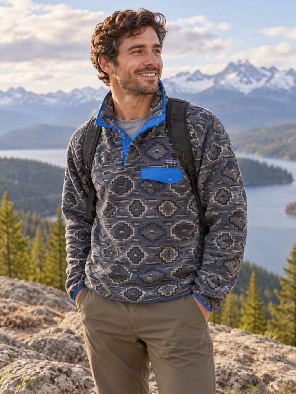 Patagonia Synchilla Snap T Fleece Pullover Tribal Aztec Men's XSmall Grey Blue